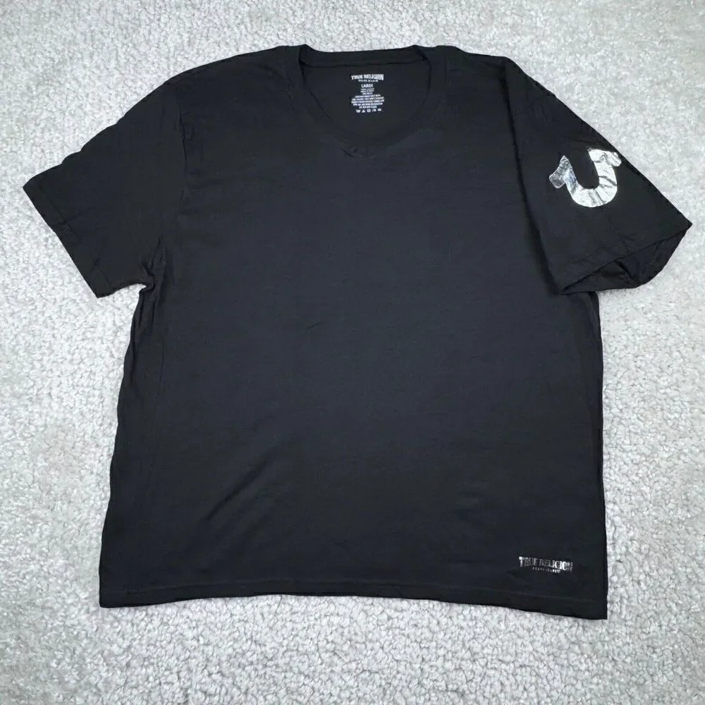True Religion V-Neck Black Silver Logo T-Shirt